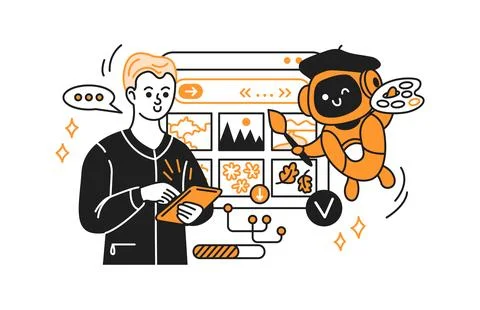 Creative Collaboration Between Artist and Robot Stock Illustration
