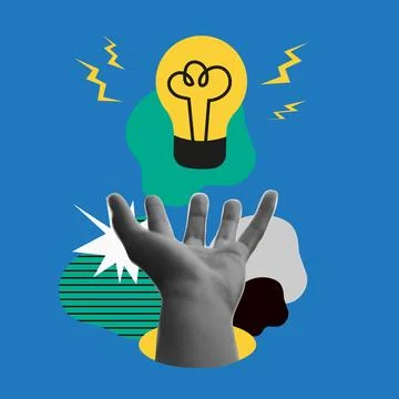 Creative collage banner with hand holding a light bulb, symbolizing ideas a.. Stock Illustration