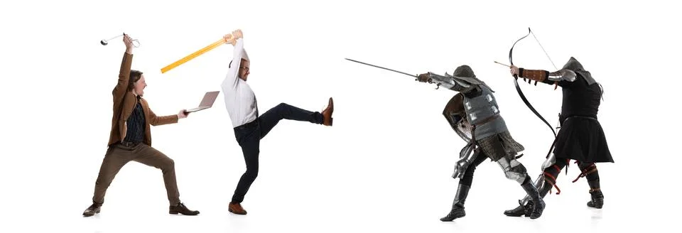 Creative collage. Battle between modern office workers and medieval knights Stock Photos