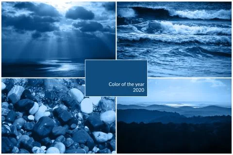 Creative collage in blue color Stock Photos