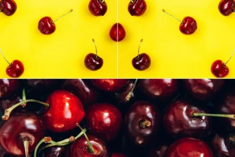 Creative collage. Bright red cherry on a yellow background. Cherry pattern. C Foto stock