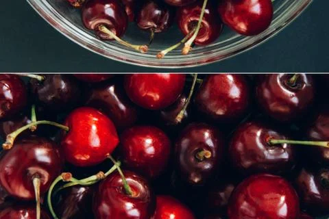 Creative collage. Bright red cherry on a dark background. Cherries close up Stock Photos