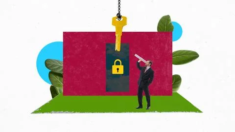 Creative collage. Businessman looking through paper telescope at golden key Stock Photos