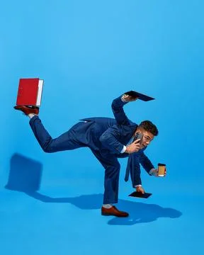 Creative collage. Businessman with multiple hands, balancing on one leg while Stock Photos