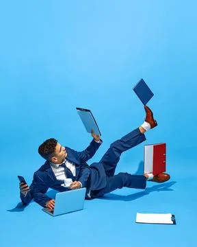 Creative collage. Businessman with multiple hands lying on floor, juggling cup Stock Photos
