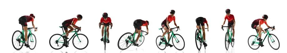 Creative collage. Cyclist accelerating, turning, maneuvering on racing bike in Stock Photos