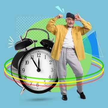 Creative collage with dancing senior man and alarm clock on color background Stock Photos