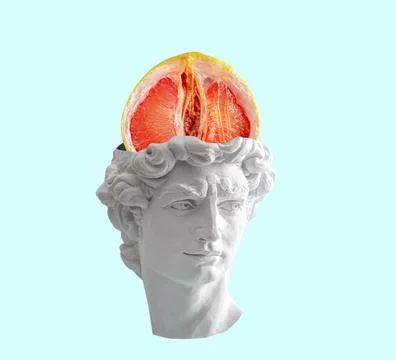 Creative collage of David's head with grapefruit on a blue background. Sex .. Stock Illustration