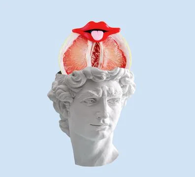 Creative collage of David's head with grapefruit and lips with tongue stick.. Stock Photos