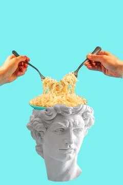 Creative collage with David's head with pasta plate on his head female  and.. Stock Illustration