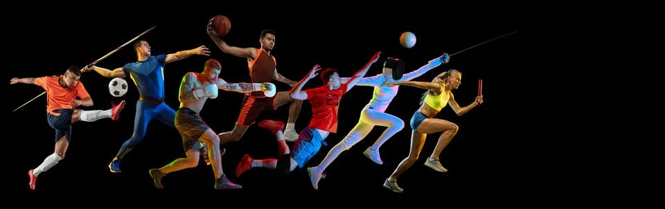 Creative collage with different athletes of various sports, men and women in Stock Photos