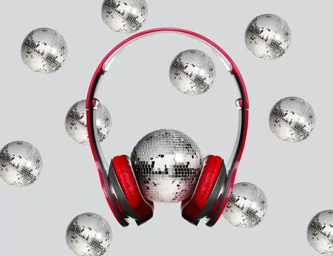 Creative collage with disco balls and headphones on light grey background Stock Photos