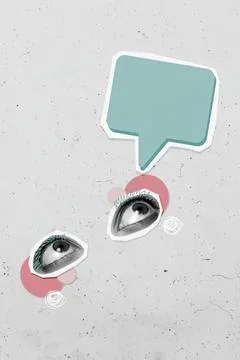 Creative collage with eyes and speech bubble on gray background Stock Photos