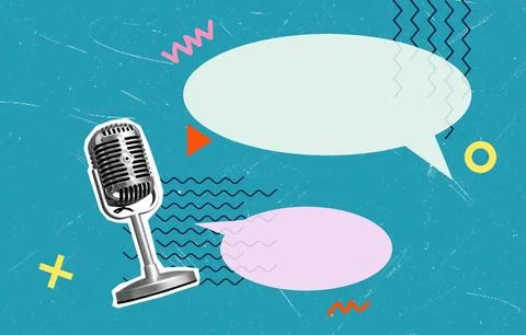 A creative collage features a classic microphone alongside two speech bubbles Stock Photos