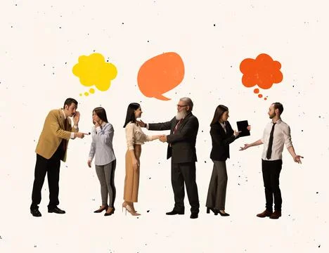 Creative collage of group of people communicating, having business discussion 库存照片
