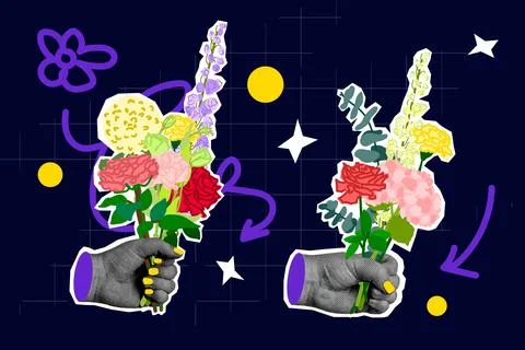 Creative collage of halftone two hands Stock Illustration