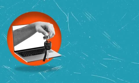Creative collage of hand with a key and laptop. Computer protection from vi.. Foto stock