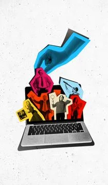Creative collage of hand placing diverse business characters into laptop space Stock Photos