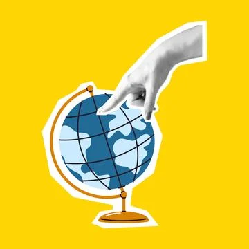 Creative collage of hand pointing at globe Stock Illustration