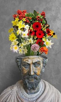 Creative collage of the head of a statue with flowers in the head. Mental hea Stock Photos