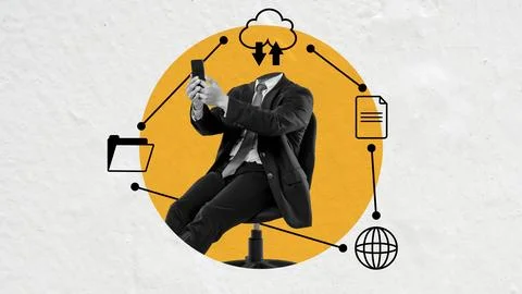 Creative collage of a headless businessman using a phone, surrounded by net.. Stock Photos