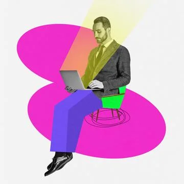 Creative collage of huge clever man use modern netbook sitting on small chair Stock Photos