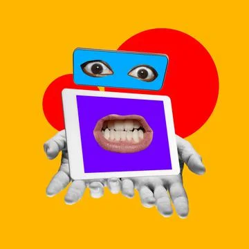 Creative collage. Image of bw male arms holding tablet with human mouth on Illustrazione stock