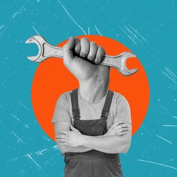 Creative collage image of a confident construction worker with a wrench inste Stock Illustration