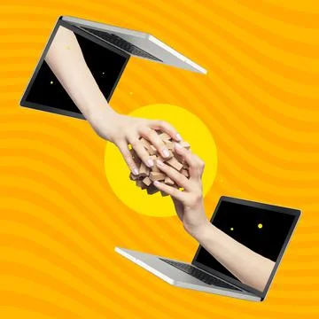 Creative collage. Image of female hands sticking out of laptop screen on bright 스톡 일러스트