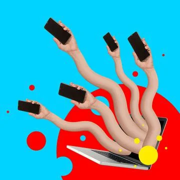 Creative collage. Image of male hands with phones sticking out of laptop screen Illustrazione stock