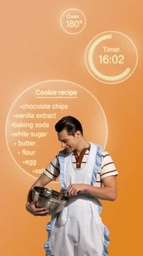 Creative collage. Joyful man baking cookies with digital recipe interface on Stock Photos