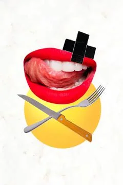 Creative collage of lips tongue fork knife and chocolate Stock Photos