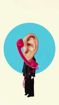 Creative collage of oversized human ear with red telephone handset replacing Stock Photos