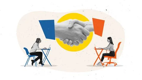 Creative collage. Remote workers connecting through digital handshake Stock Photos