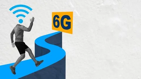A creative collage representing the race to the future of 6G technology. A .. 스톡 사진