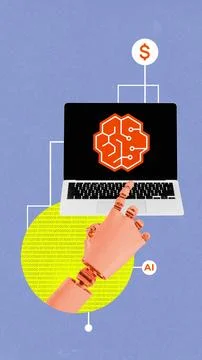 Creative collage. Robotic hand interacting with AI financial dashboard Foto stock