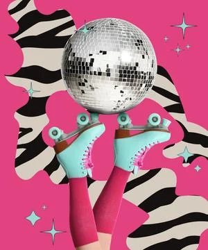 Creative collage with shiny disco ball and woman wearing vintage roller ska.. Stock Photos