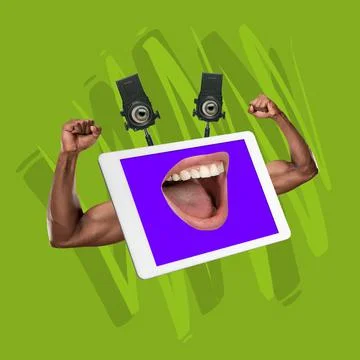 Creative collage. White digital tablet with smiling human mouth and muscular Stock Illustration