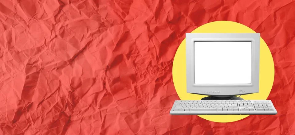 Creative collages of ads and applications use old computers to messenger In.. Stock Photos