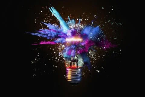 Creative colored light bulb explosion with shards and paint, a creative ide.. 库存照片