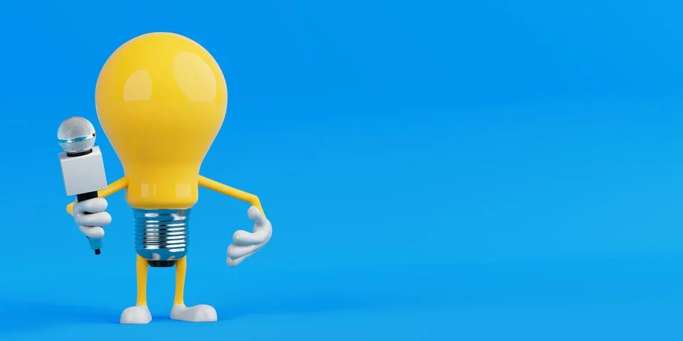 Creative Communication Concept. Light Bulb Character Holding Microphone. 3d.. Stock Illustration