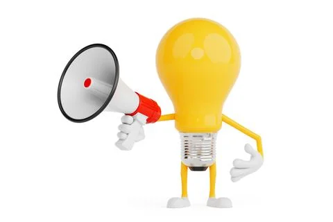 Creative Communication Concept. Yellow Light Bulb Character Holding Megapho.. Stock Illustration