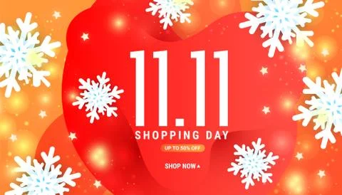 Creative composition 11.11 sale vector discount template with 3D white snowfl Stock Illustration