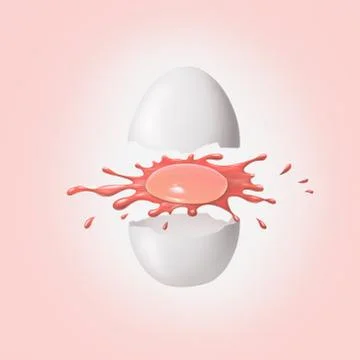 Creative composition of broken chicken egg and a splash of yolk on pink backg イラスト素材