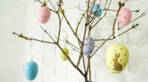 Creative composition with Easter eggs hanging on tree branches near a white Stock-Fotos