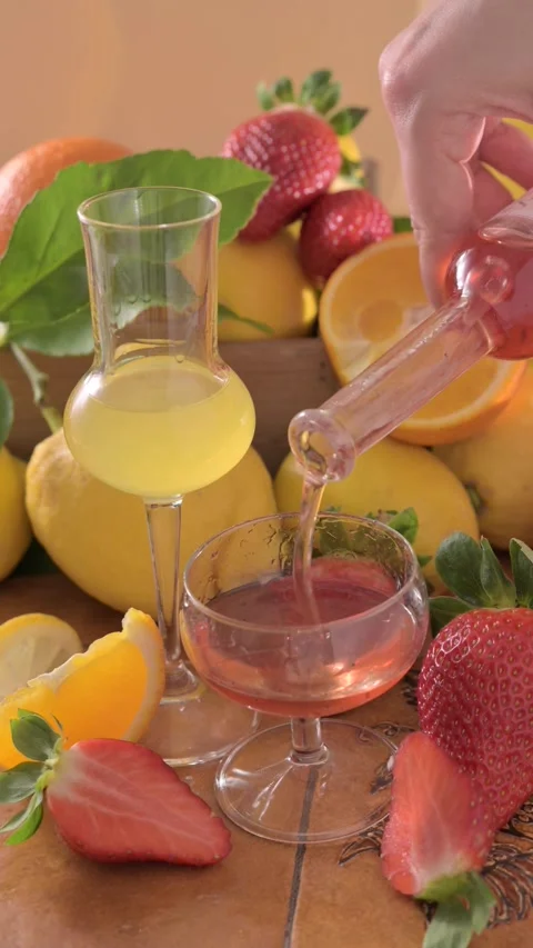 Creative composition featuring strawberry-infused limoncello served in elegant Video stock 311766646