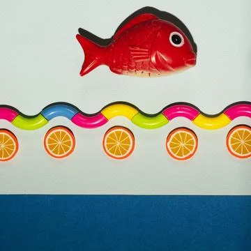 Creative composition of fish and stylized sea, waves, Minimalistic concept, s Stock Photos