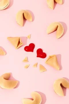 Creative composition with fortune cookies and hearts on pink background Stock Photos