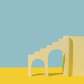 Creative composition of geometric shapes, arch with stairs, on yellow and blu Stock Photos