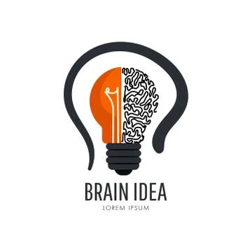 Creative composition of half brain behind light bulb icon logo isolated on wh Stock Illustration